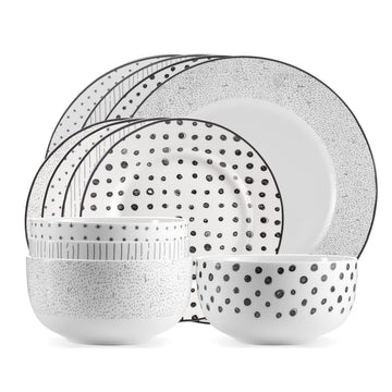 & Co. 12-Piece Black & White Sketch Dinnerware Set, Porcelain, Includes Plates, Bowls, and Serving Dishes, Dishwasher