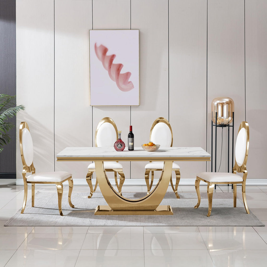 White Marble Dining Table Luxury Faux Marble Kitchen Table with U-Shape Mirrored Finish Pedestal Base, 68"