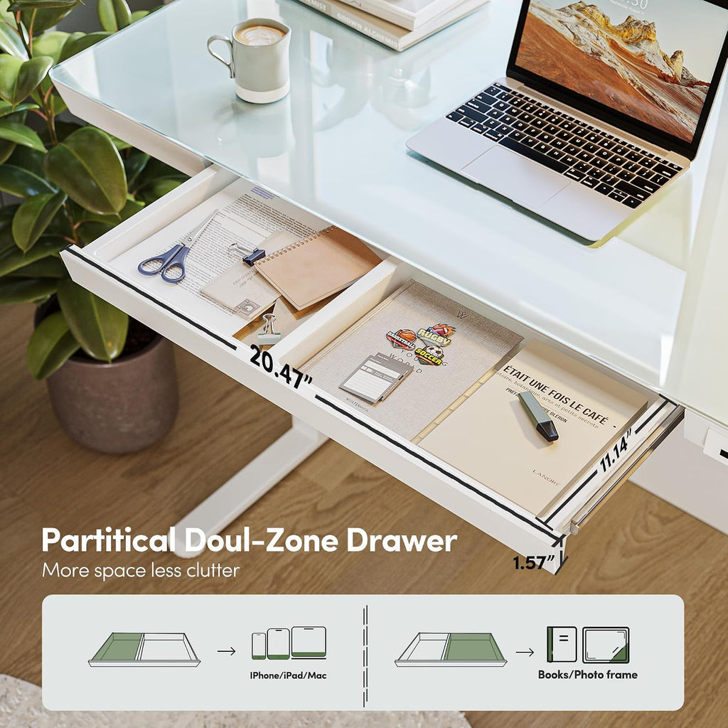 Electric Standing Desk with Drawers, 55 inch Whole-Piece Glass Desktop, Height Adjustable Stand up Sit Stand Home