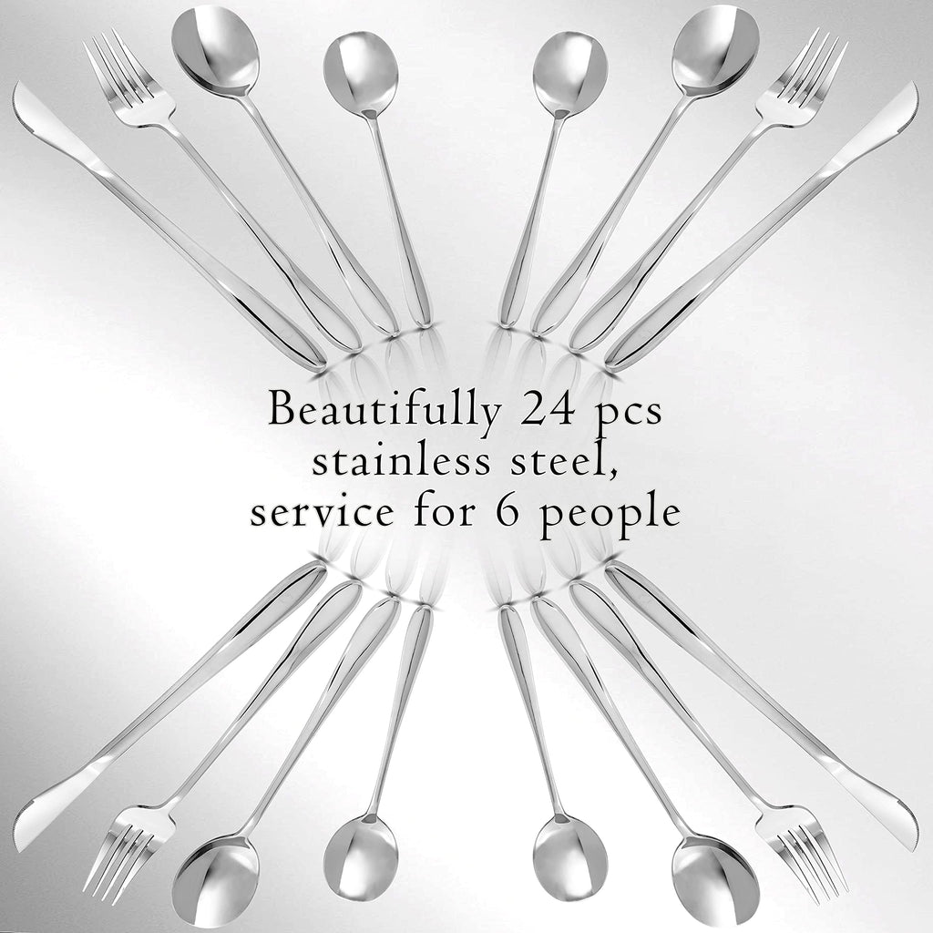 24 pcs Silverware Set For 6, Stainless Steel Flatware Set, Utensils Set Mirror Polished Includes Fork Spoon Knife &