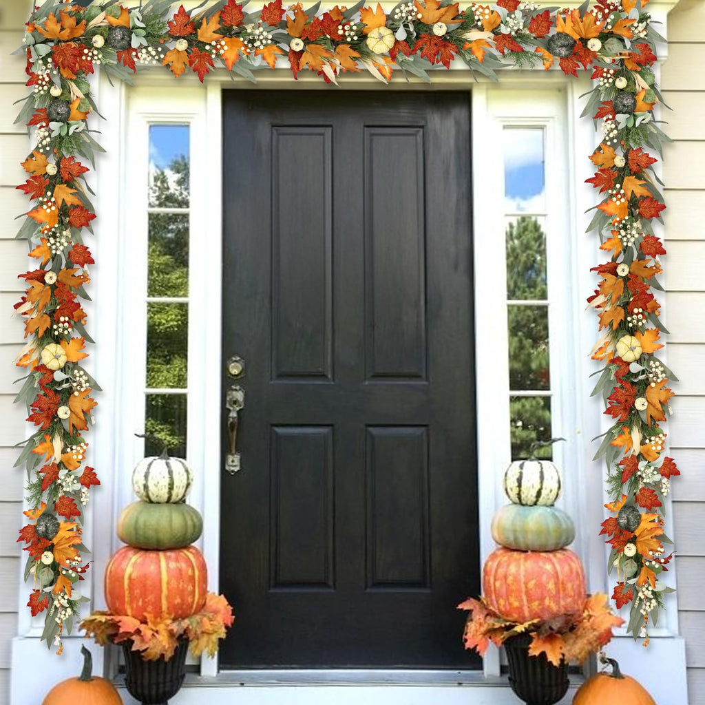Realistic Fall Garland for Mantle 6 Ft Fall Maple Leaves Garlands with Lights/Timer Pumpkin Garland for Thanksgiving