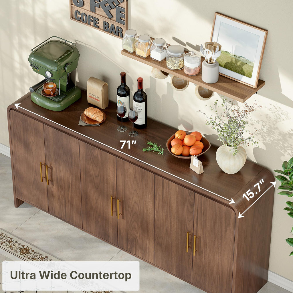 71 Inch Modern Sideboard Buffet Cabinet with Large Storage, 6 Doors, Walnut