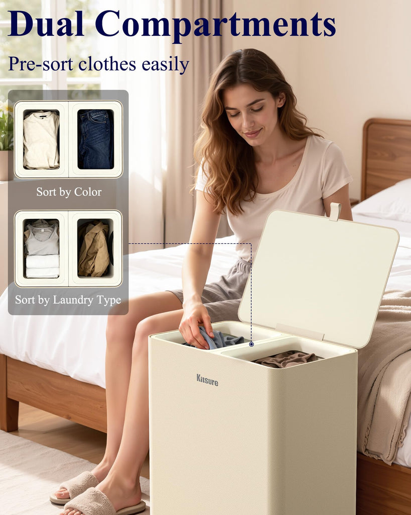Laundry Hamper with Lid 160L, 2-Compartment Sorter, Removable Bags
