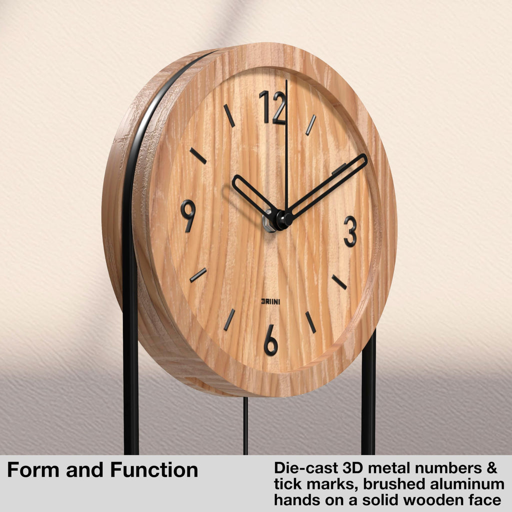 Small Unique Oval Wood Pendulum Wall Clock - Modern Oak and Gold