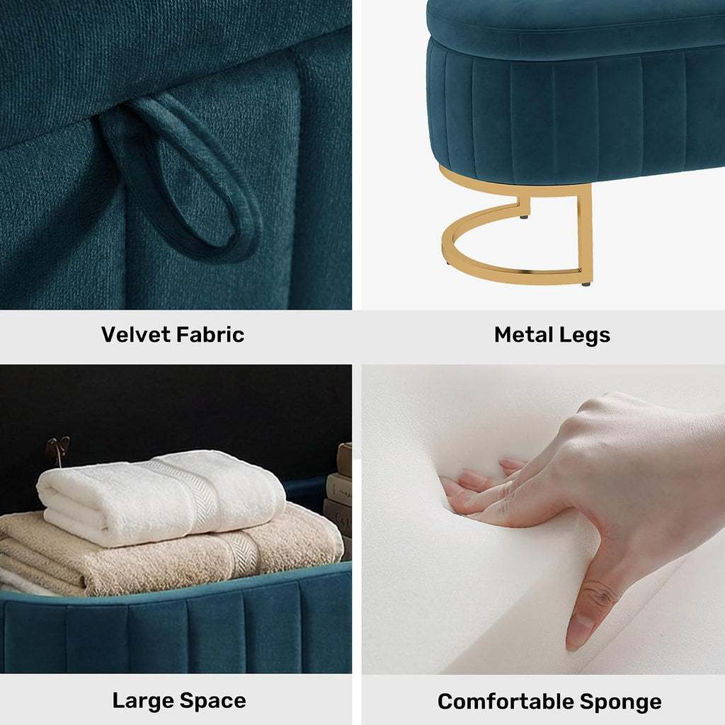51" Velvet Storage Ottoman Bench End of Bed Entryway Dark Blue | Velvet Large Storage Solid Wood with Metal Leg 300