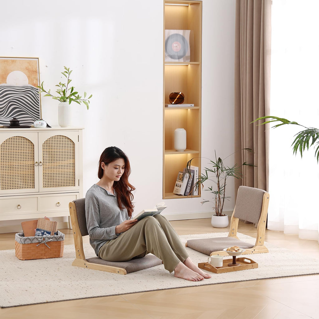 Foldable Floor Chair with Back Support, Wood Grey, No Assembly