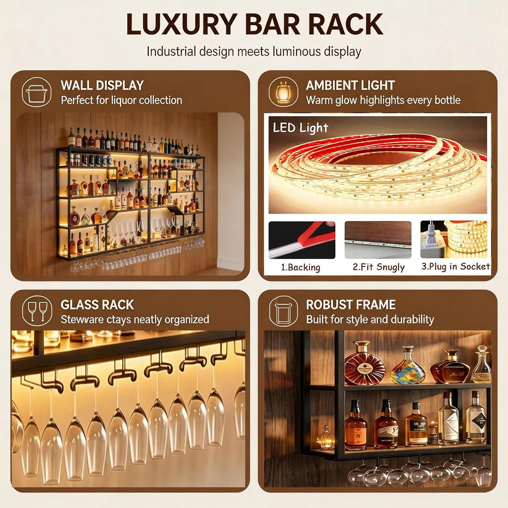 78.7IN Wall Wine Rack with LED, Industrial Iron & Walnut | Iron & walnut wood, LED strip light incl, holds