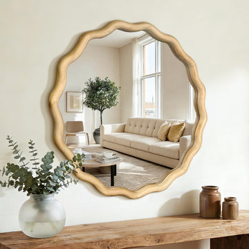 Round Wavy Wall Mirror, 24" Circle Boho Scalloped Mirror