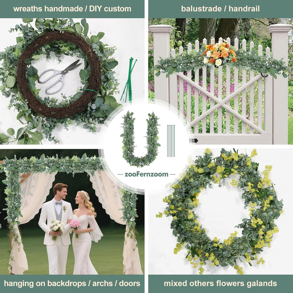 Eucalyptus Garland for Table, 6' Faux Eucalyptus Garland w/Flowers & Seeds