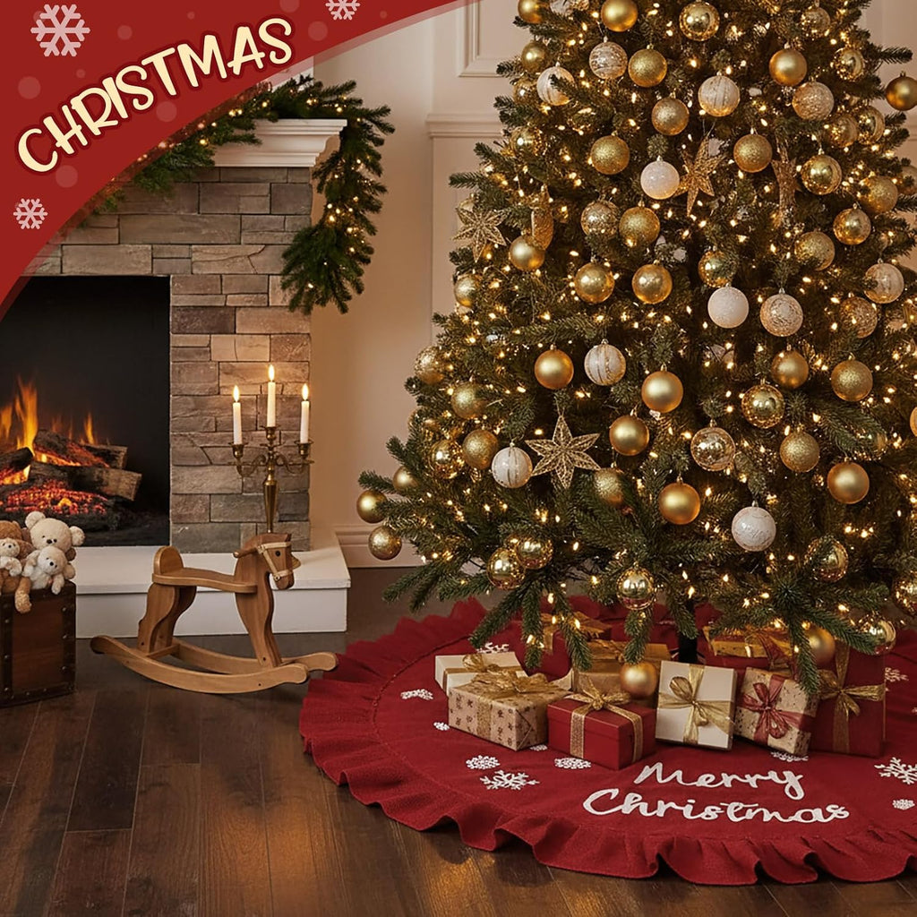 31 Inch Christmas Tree Skirt Linen Burlap Red Tree Skirt with Ruffle Rustic Farmhouse Trees Ornaments Snowflake Xmas