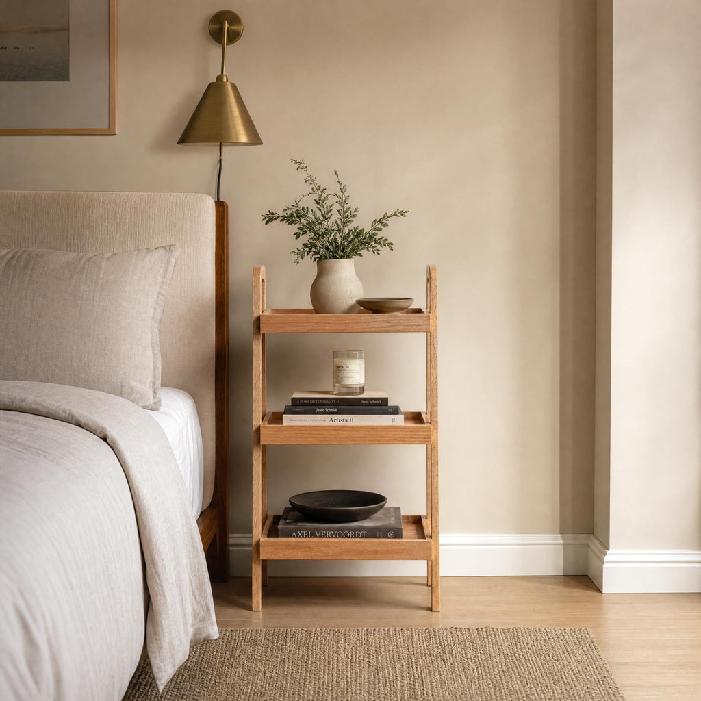 Small Bookshelf for Small Spaces, Oak Ladder Shelf, Solid Wood Bookcase