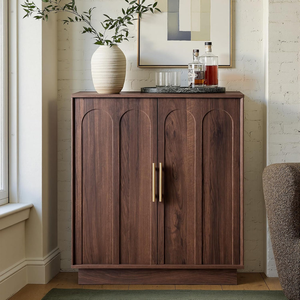 31.5" Wine Bar Cabinet, Mid Century Modern Sideboard, Walnut | Liquor Cabinet with 3 Stemware Racks, 21 Wine Racks