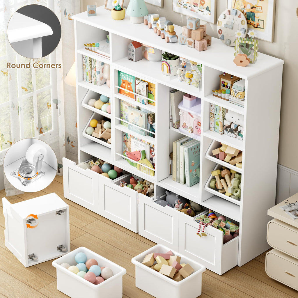Toy Storage with Sliding Bookshelf, Toy Organizer with 4 Bins