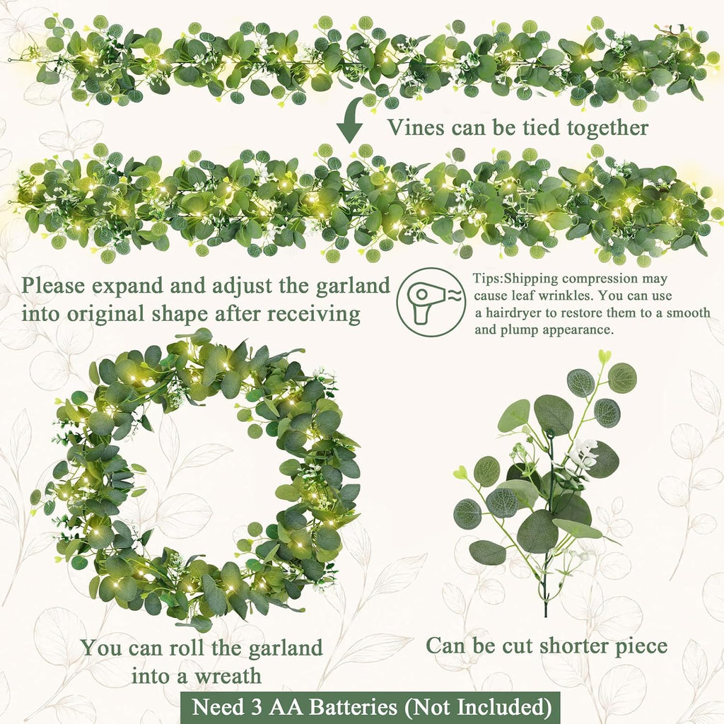 1 Pack Artificial Eucalyptus Garland with Lights, 6FT Artificial Greenery Summer Garlands, Battery Operated Twig Vine