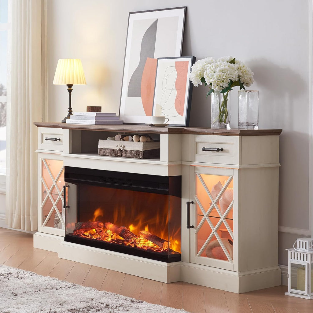 3-Sided Glass Farmhouse Electric Fireplace TV Stand for TVs up to 80'', Highboy Entertainment Center with Glass Door Storage Cabinet, 70'' Large TV Stands with 36'' Fireplace, Antique White A132-B0CDL3XKD4