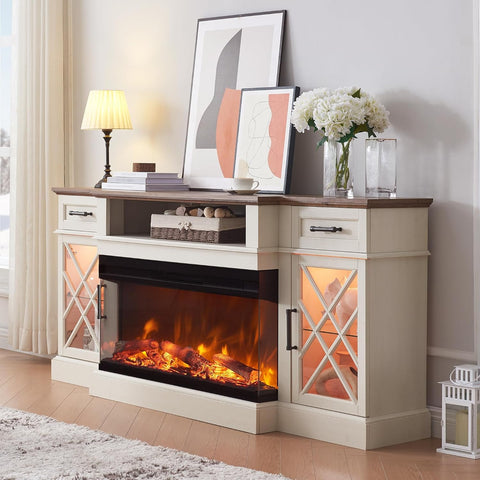 3-Sided Glass Farmhouse Electric Fireplace TV Stand for TVs up to 80'', Highboy Entertainment Center with Glass Door Storage Cabinet, 70'' Large TV Stands with 36'' Fireplace, Antique White A132-B0CDL3XKD4