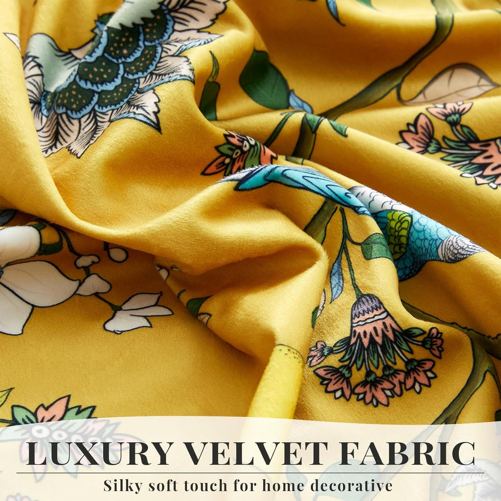 Mustard Yellow Vintage Velvet Curtains 96 inches,Victorian Whimsical Botanical Floral Blackout Room Darkening Curtain