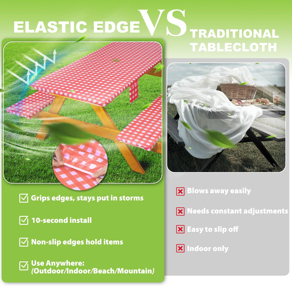 Fitted Picnic Table Cover with Bench Covers Waterproof Elastic Edges Rectangle Patio Tablecloth Outdoor Camping