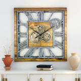 ImprovingLife The Gears Clock 24'' Inch Square Real Moving Gear Wall Clock Vintage Industrial Oversized Rustic Farmhouse (Wood and Stone)