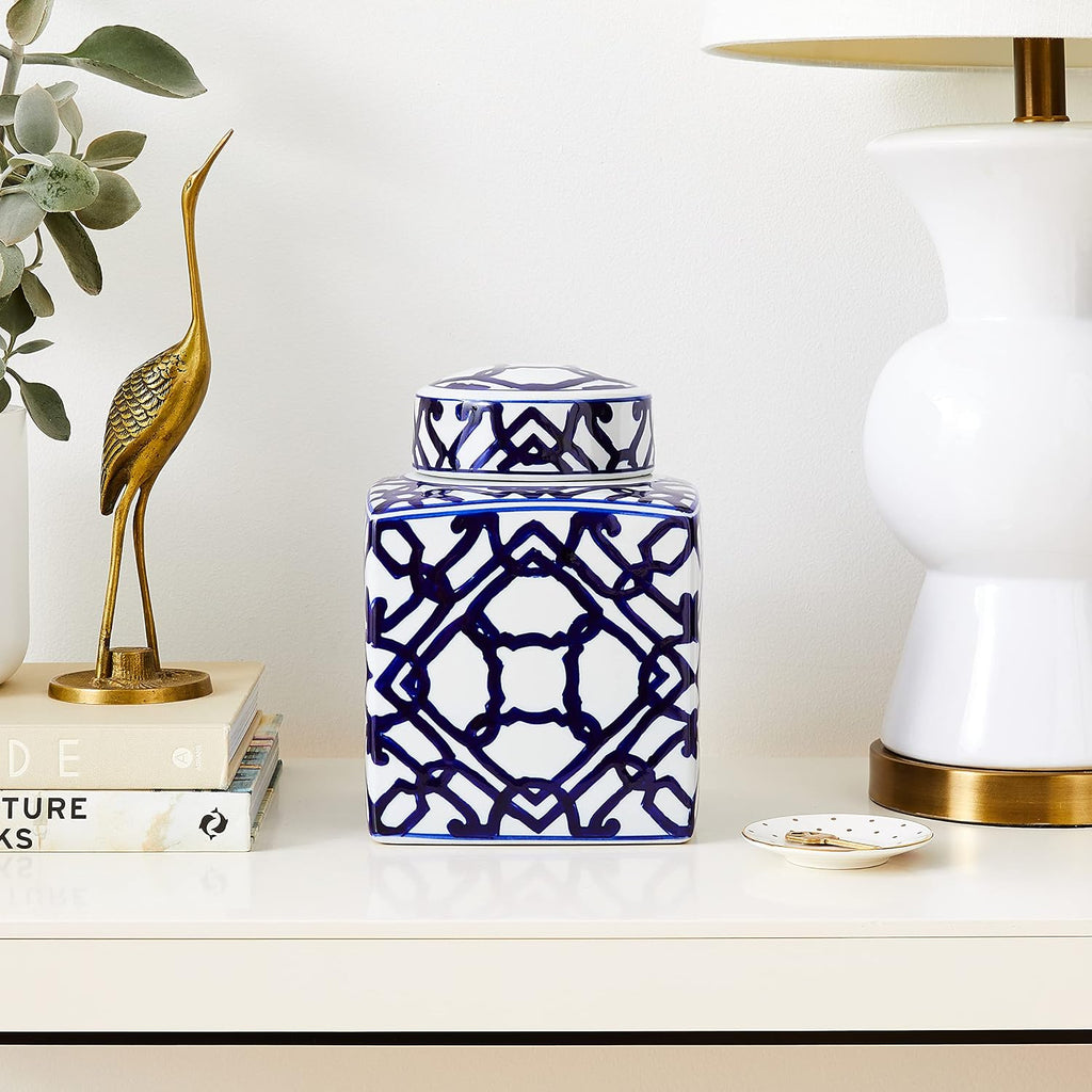 Decorative Square Ceramic Ginger Jar with Lid, Blue and White Geometric Fretwork
