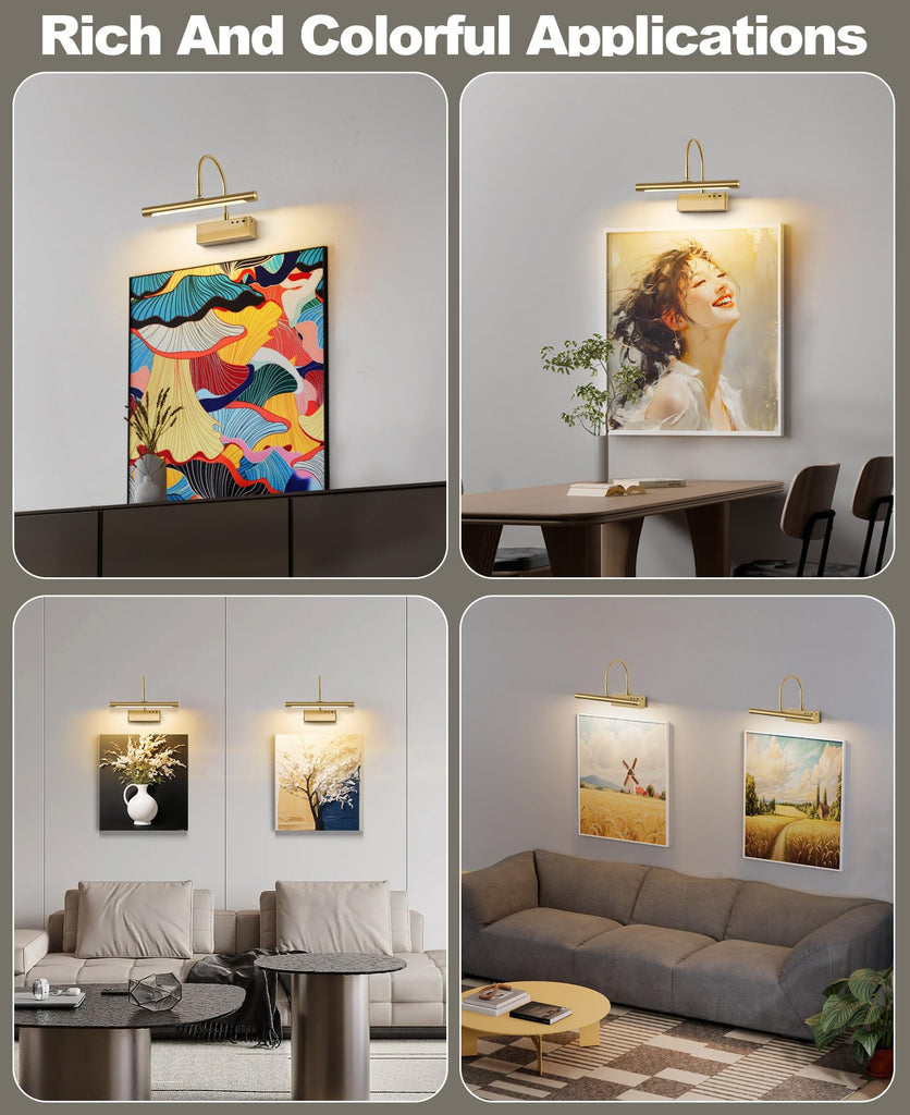 Wireless LED Picture Light, Coredless Art Lighting for Wall, Brass Battery Frame Light with Remote, 3 Color Tone &