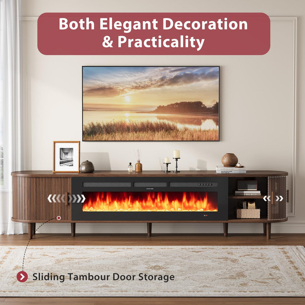 90" Mid Century Modern TV Stand with Fireplace, Fluted Fireplace TV Stand, Entertainment Center with Sliding Door, TV