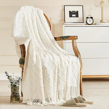 Knitted Throw Blanket, Soft Living Room Home Decor Knitted Blanket with Tassel, Outdoor Lightweight Breathable Summer