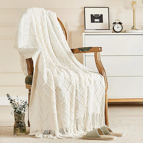 Knitted Throw Blanket, Soft Living Room Home Decor Knitted Blanket with Tassel, Outdoor Lightweight Breathable Summer