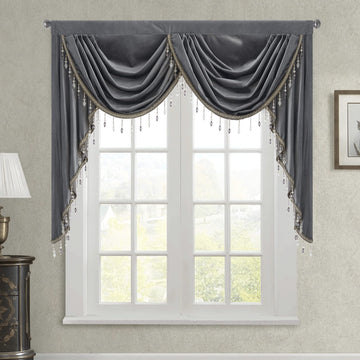 Thick Velvet Curtains Valance, Grey Waterfall Swag Valances with Beads Tassel Window Closet Office Sliding Door, W59