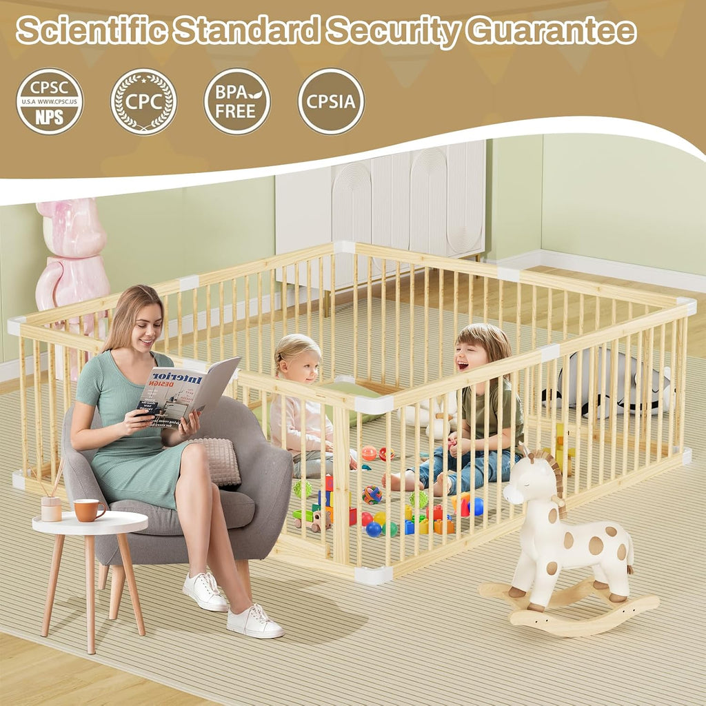 Wooden Baby Playpen, 71.5x60x24In Gate for Toddler and Babies | Natural Pine Wood Playard Double-Locking for