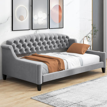 Twin Daybed, Twin Size Luxury Tufted Button Daybed, Upholstered Twin Daybed Frame, Sofa Bed Living Room, Grey