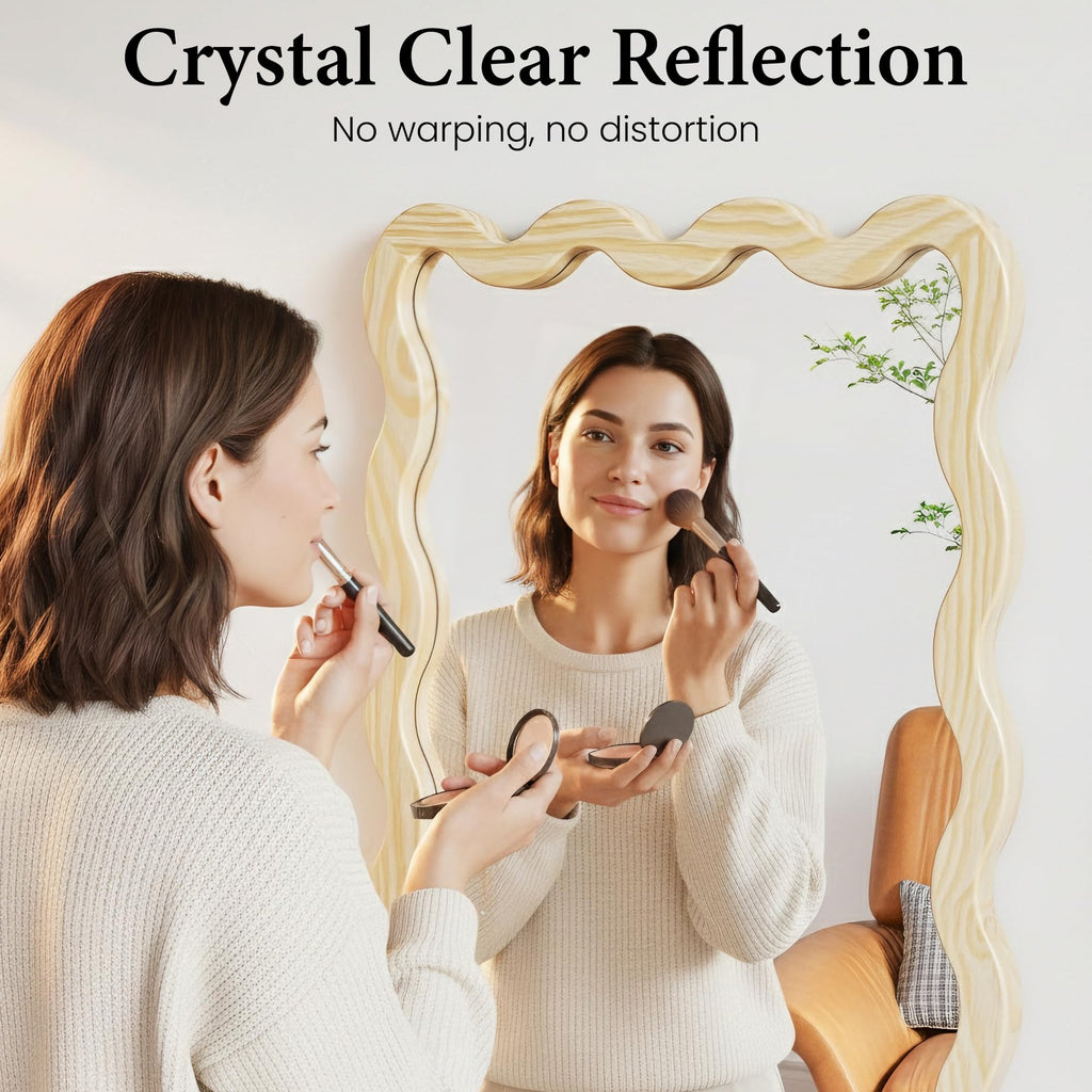 24x36 Natural Wavy Bathroom Wall Mirror, Solid Wood Scalloped Frame