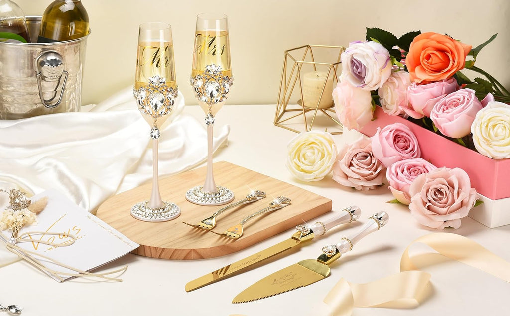 Wedding Cake Cutting Set, Luxury Handcrafted Crystal Champagne Flutes with Gold Petal Rhinestones and Pendant