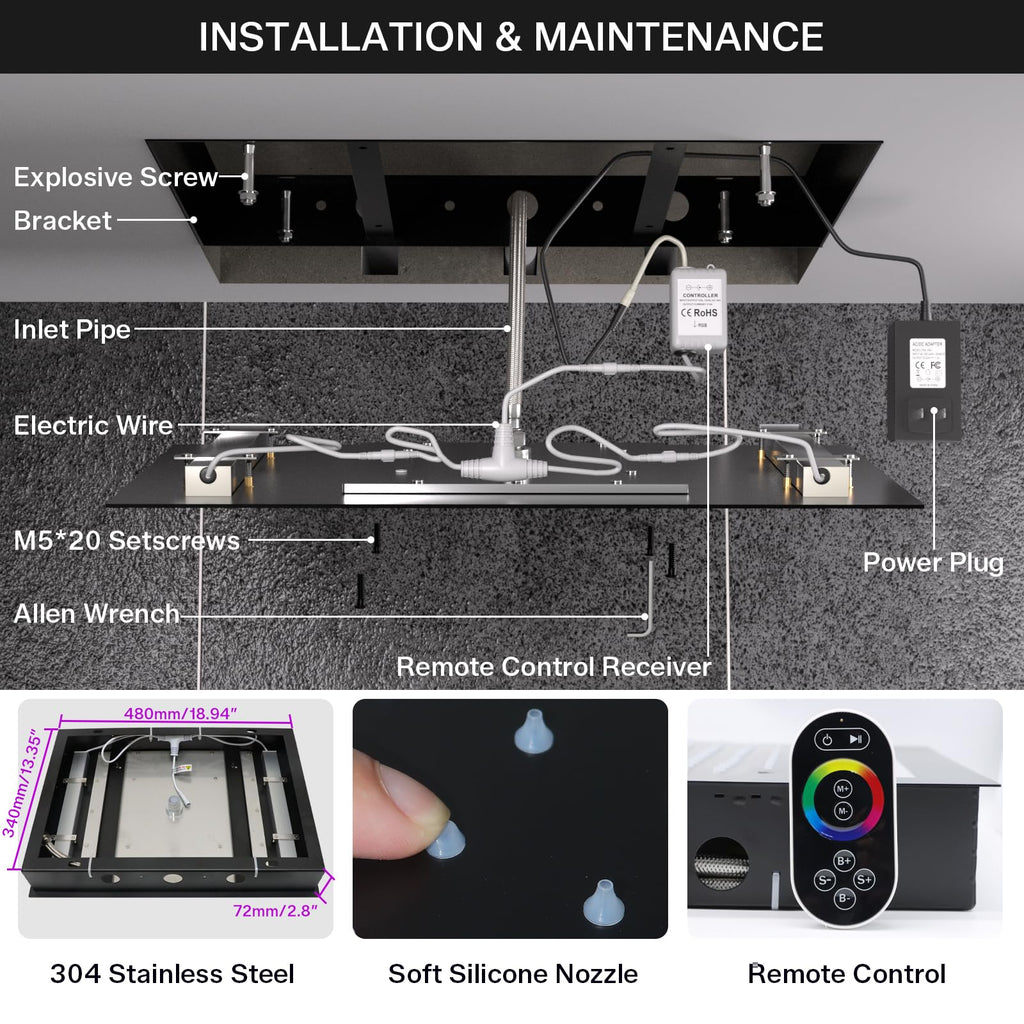 Dual Rain Shower System with Up/Down Waterfall Bathtub Spout, Ceiling Mount 14 x 20 Inch LED Shower Head Rainfall