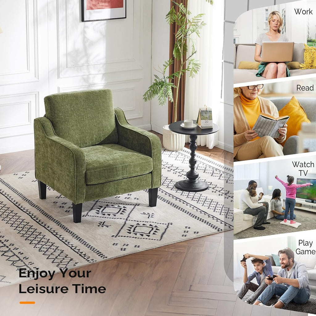 Chair Olive Green Upholstered Chenille Accent Chair , Mid-Century Modern Arm Chair Comfy Reading Chair with Scooped