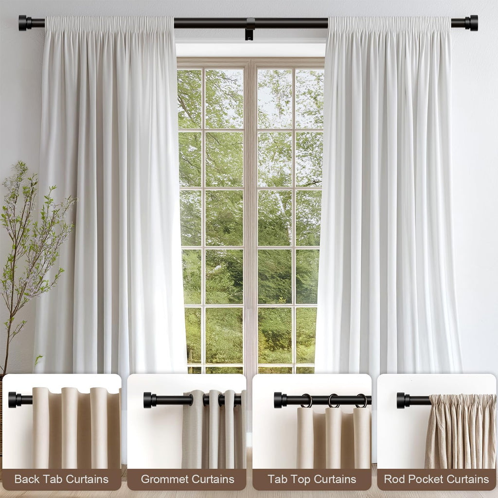 Black Curtain Rods for Windows 48 to 84 Inches Adjustable Heavy Duty 1" Diameter Window Curtain Rod with Decorative