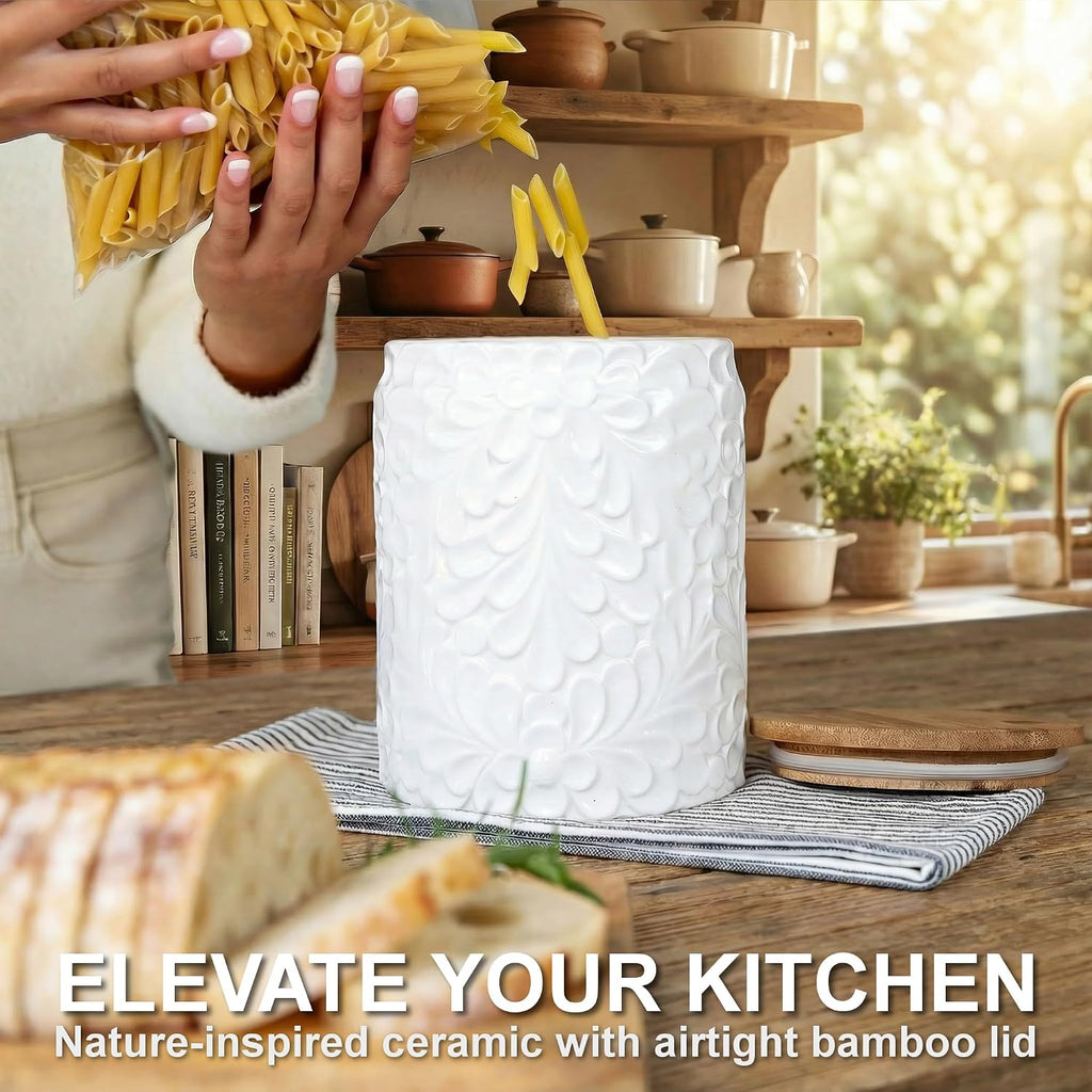 XXL 94 Oz Engraved Ceramic Kitchen Canister, Airtight Bamboo Lid