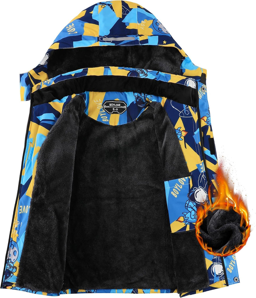 Boy's Ski Jackets Waterproof Winter Coat Fleece Windproof Snowboarding Jacket with Detachable Hood