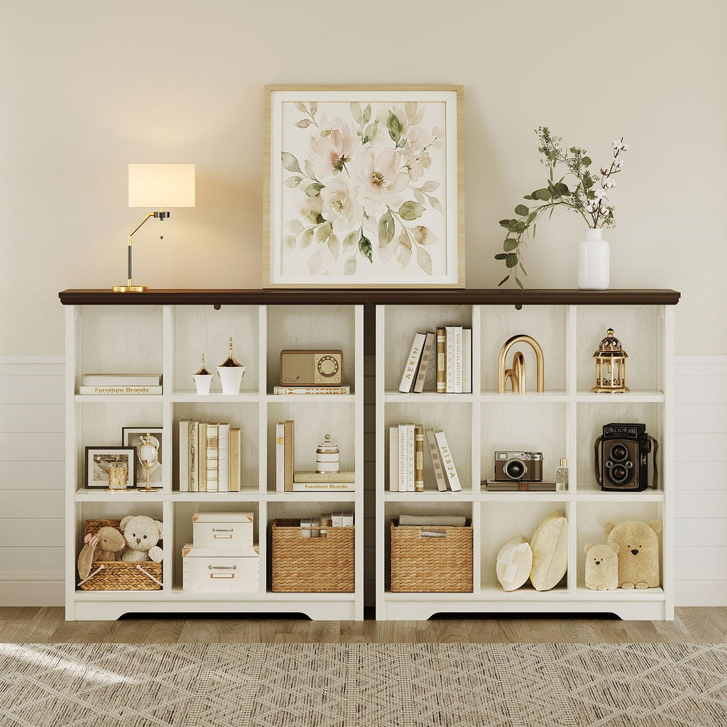 9 Cube Organizer Bookcase, Cube Shelf with Storage, Walnut + White
