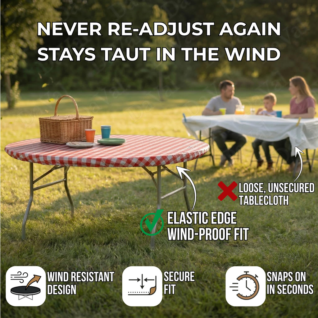 10 Pack of Round Plastic Table Covers - 60" or 72" Round - Indoor or Outdoor Fitted Covers (Tables NOT Included) (Red