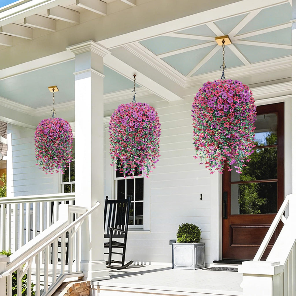Artificial Hanging Flowers with Basket for Outdoor, 4pcs UV Resistant Silk Fake Daisy Flowers, Faux Flower Plants