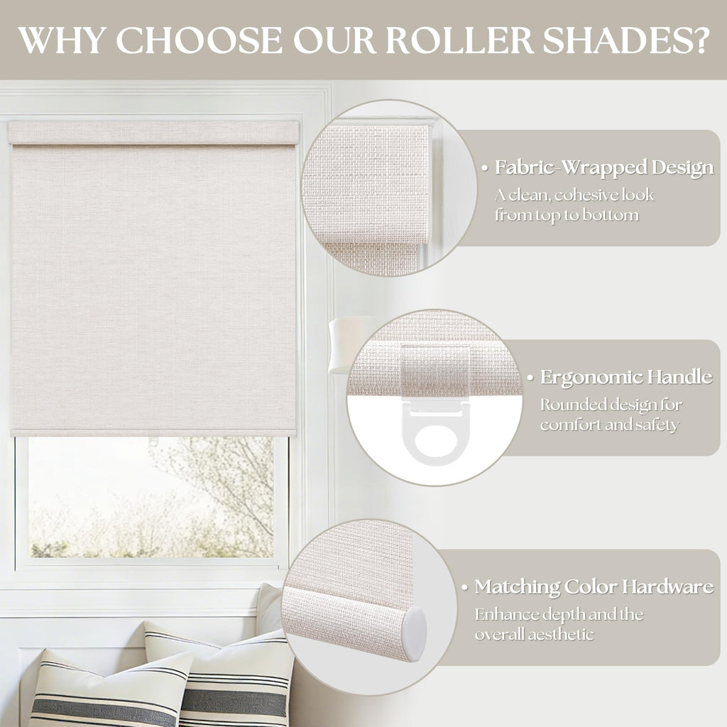 Beige White Textured Linen Semi Sheer Cordless Roller Shades