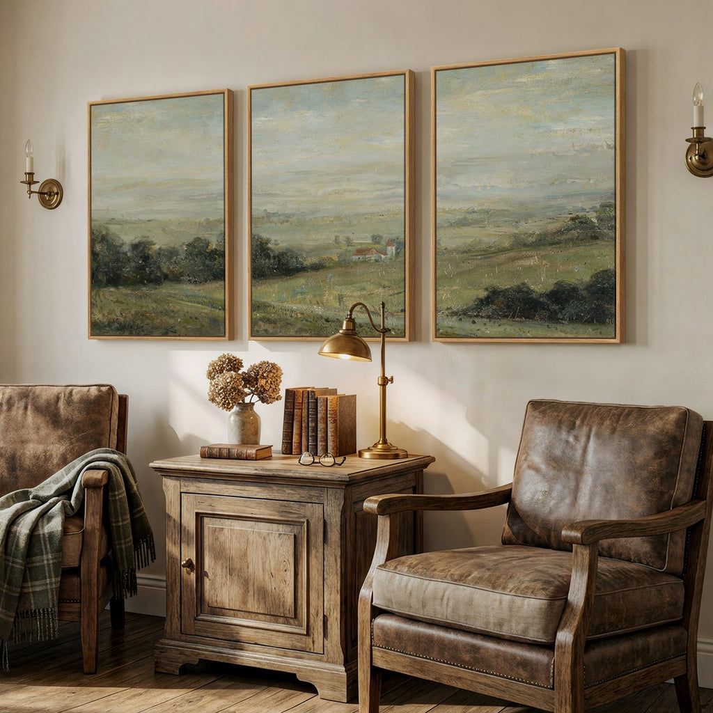 3 Piece Large Framed Vintage Landscape Wall Art, 24x36 Inch