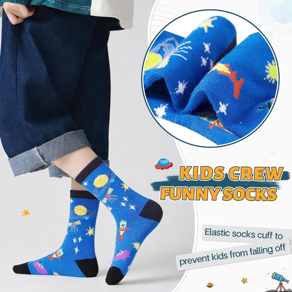Boys Socks Kids Funny Cotton Novelty Crew Cartoon Space Dinosaur Crazy Socks 6 Pairs