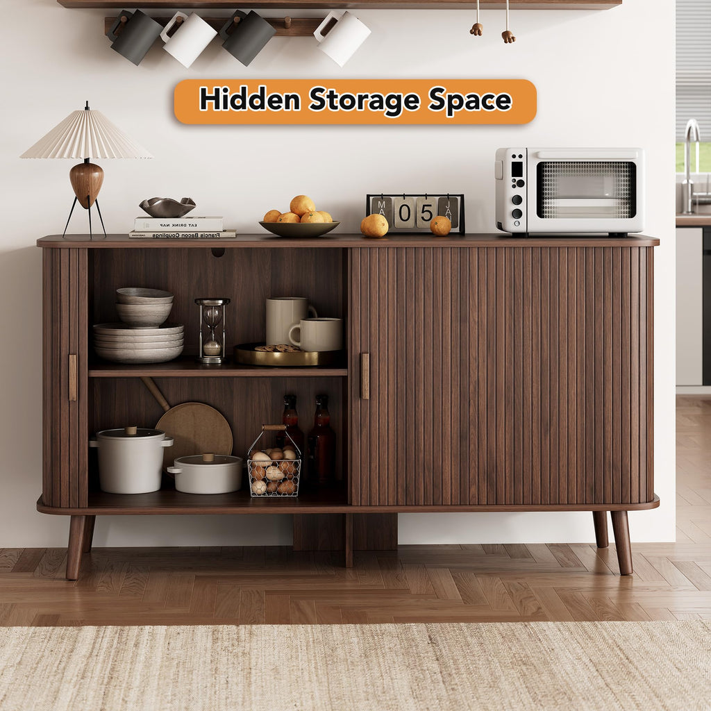 55" Fluted Sideboard Buffet Cabinet with Sliding Door, Mid-Century Modern Wood Sideboard, Adjustable Shelf, Coffee