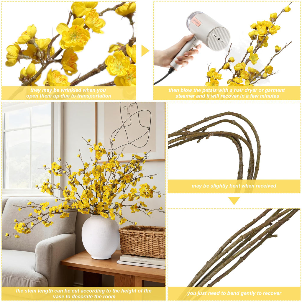 6 PCS Artificial Cherry Blossom Branches Spring Indoor Decoration, Faux Yellow Silk 34.45" Long Stems Real Touch Plum