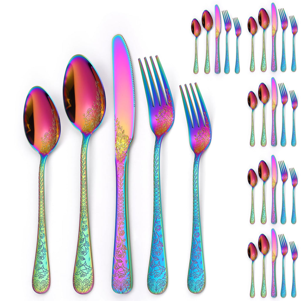 Embossed Flatware Set Rainbow 30 Piece Stainless Steel Silverware for 6 Cutlery with Floral Design Eating Utensils