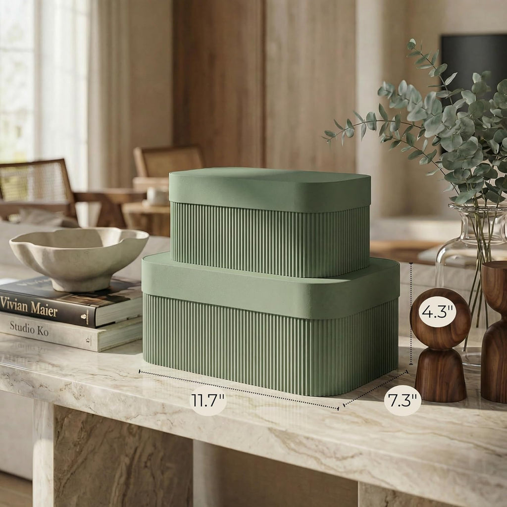 Decorative Storage Boxes with Lids Fluted Photo Organizer Bins - Set of 2