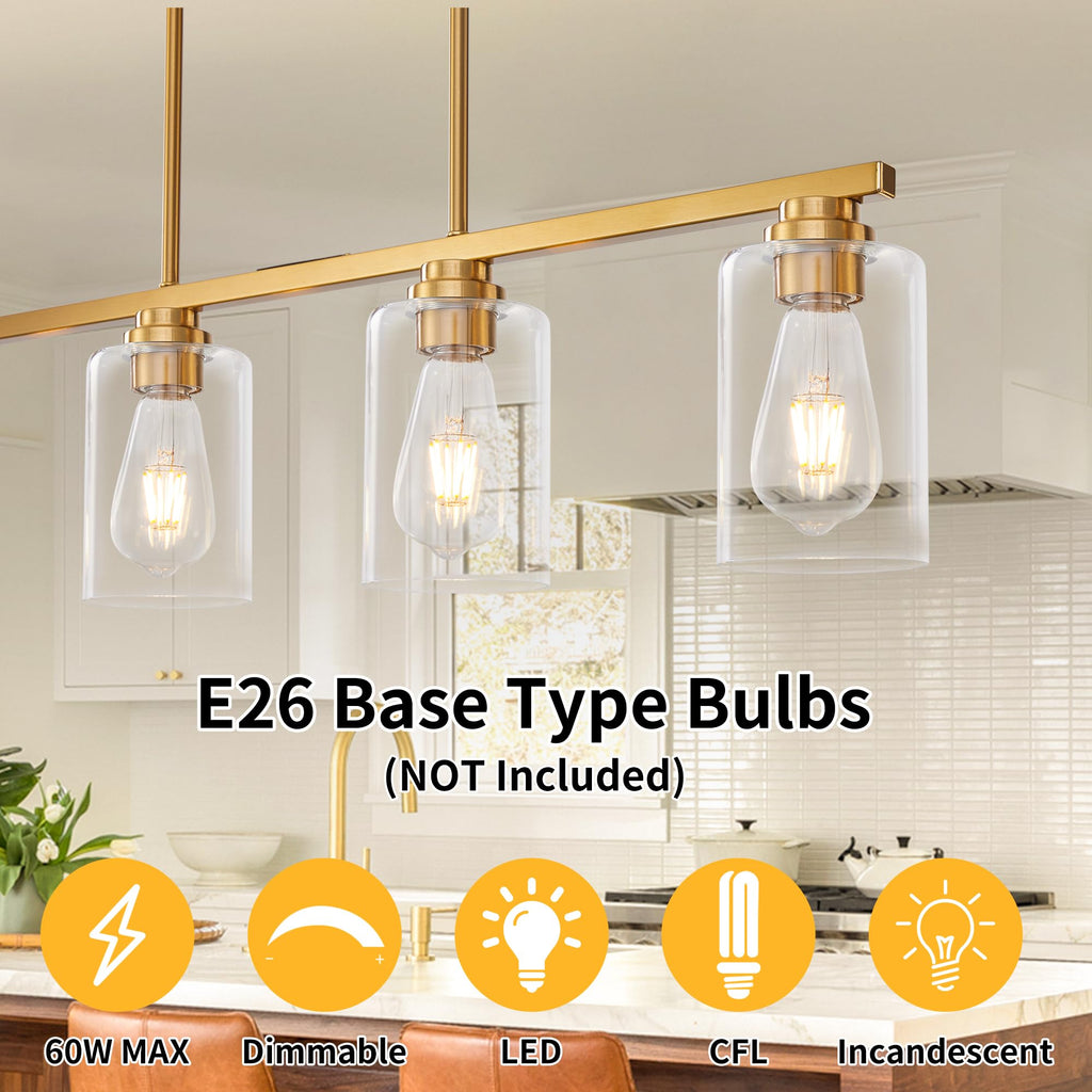 Island Light, Brushed Gold Dining Room Light Fixture Over Table, 5-Light Linear Chandelier Pendant Lighting