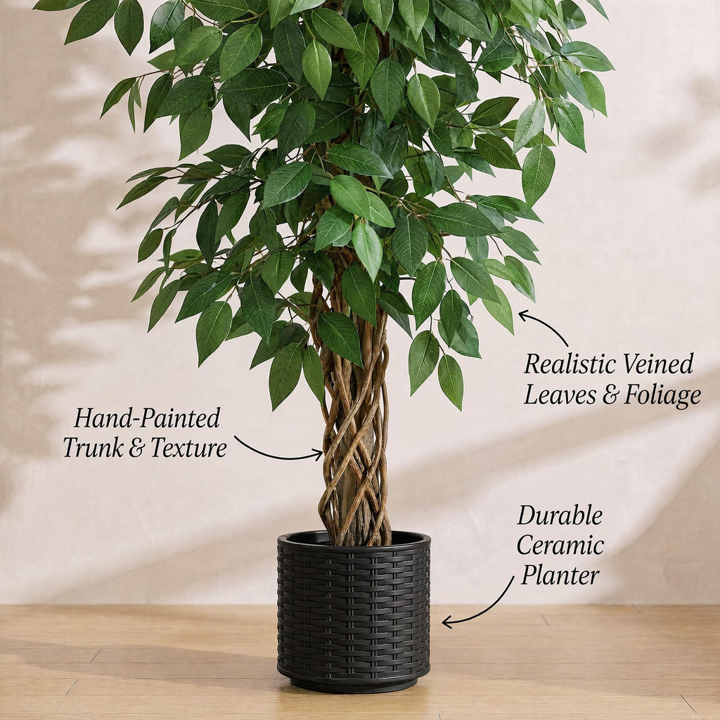 Artificial Ficus Tree:6FT Tall Faux Silk Floor Plant (Black Planter)